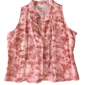 Vintage Carlies court linen pink white marble tie dye sleeveless button shirt XL